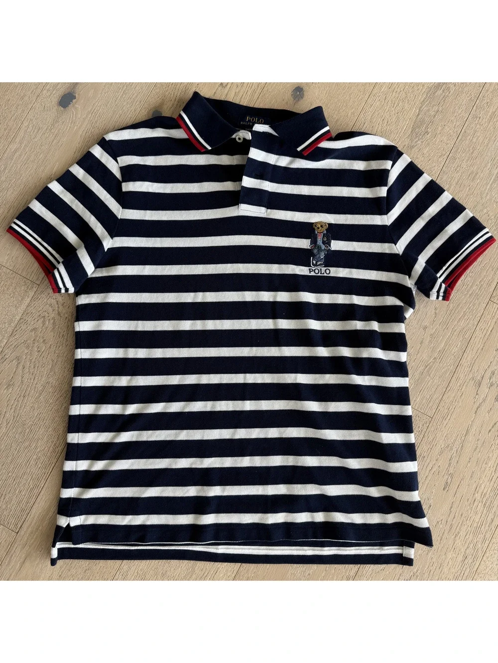 Polo Ralph Lauren Bear Preppy Embroidered Navy White Hampton Stripe Polo Shirt M